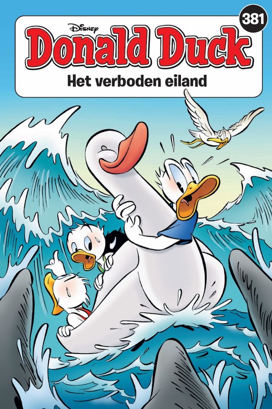 Donald Duck Pocket 381: Donald Duck en zijn neefjes op een groot wit dier in de golven, omringd door haaien.