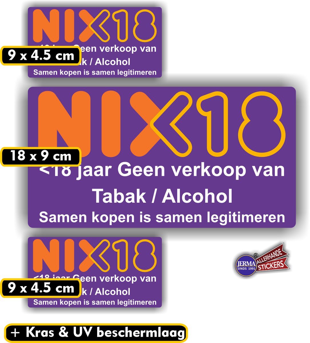 Jerma - NIX18 - Sticker - Set 3 st – +18 tabak en alcoholverkoop - 1x 18x9 - 2x 9x5cm - Zelfklevend