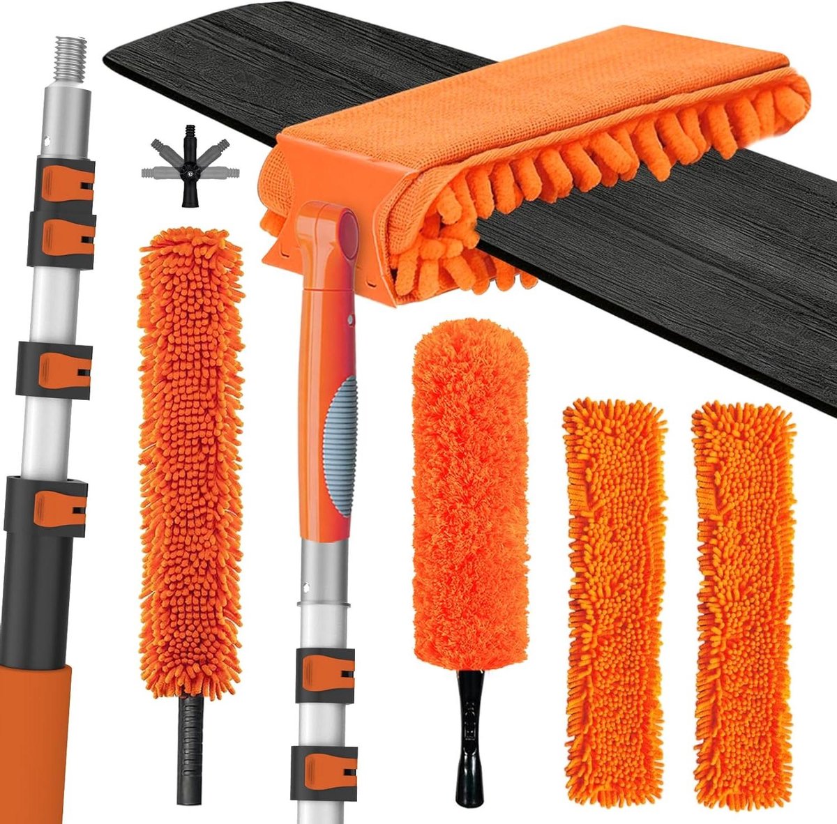 Telescopische Stoffer - Spinnenwebborstel - Hoge Plekken Reinigen - Verstelbaar Tot 3.6 Meter - 3.6 Meter - Oranje/Rood