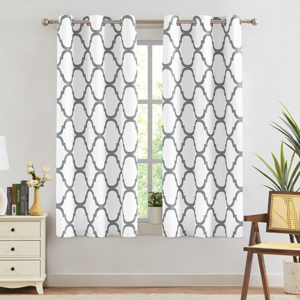 SnelShoppen - Melodieuze Marokkaanse thermisch geïsoleerde verduisterende gordijnen 42x63 inch, gebroken wit/grijs voor woonkamer, slaapkamers, kinder