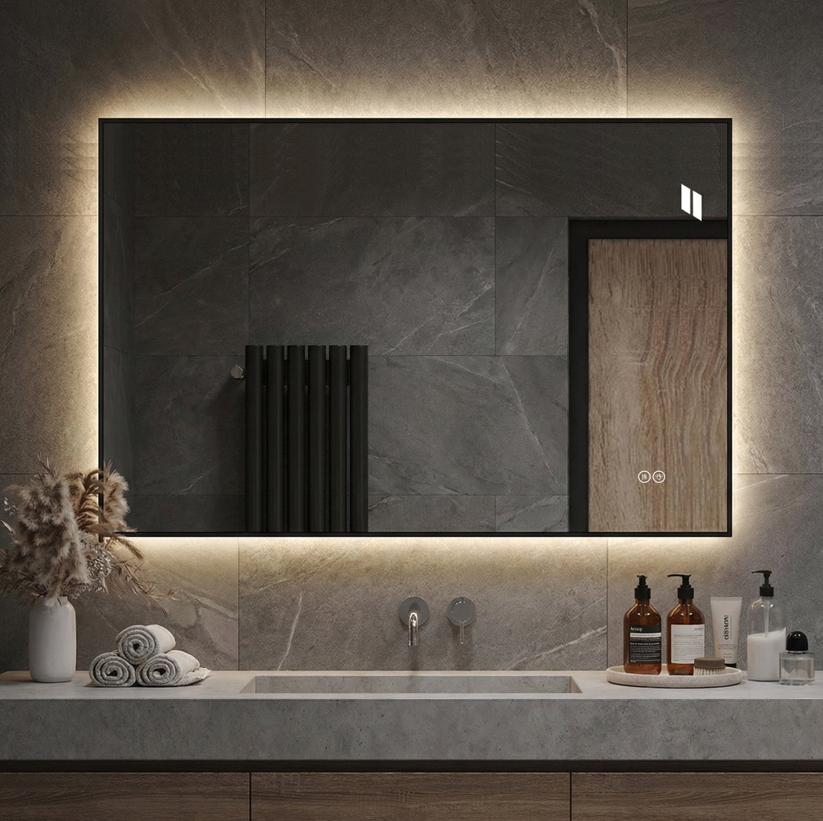 LED Badkamerspiegel 50 x 70 cm Aluminiumframe Wandspiegel Achterverlichting Anti-condens 3 Lichtkleuren Zilver