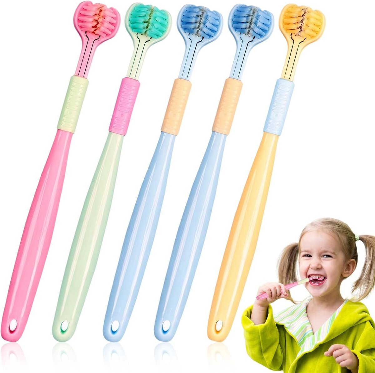 Set van 5 driedelige kindertandenborstels met zachte borstelkop, 360 graden mondhygiëne en effectieve reiniging voor gezonde tanden