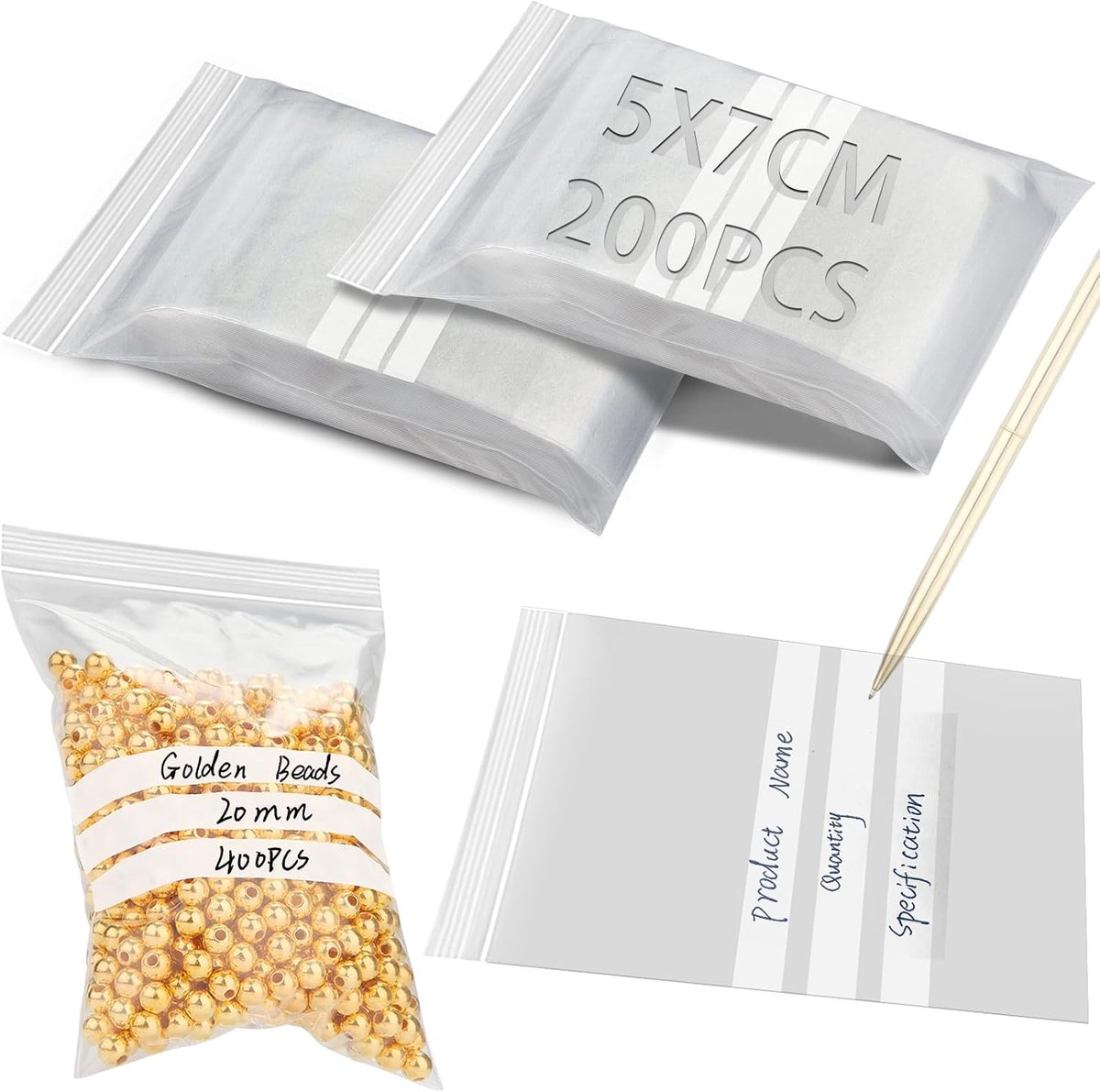 SnelShoppen - 200 Stuks Grip Seal Bags 5x7cm - Herbruikbare Plastic Zakjes met Rits Sluiting en Wit Schrijfvlak voor Organisatie en Opslag - Perfect v