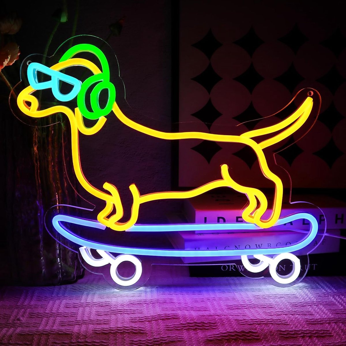 SnelShoppen - Skateboard Dog Neon Light Sign - Dachshund Neon Wanddecoratie - USB LED Neonlicht voor Slaapkamer, Woonkamer, Bar, Game Zone, Man Cave,