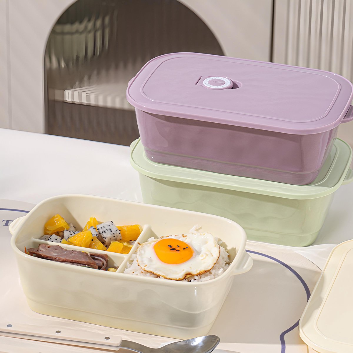 SnelShoppen - Keramische Lunchbox met Compartiment, Beige, Lekvrij en Herbruikbaar, Perfect voor School, Kantoor, Picknicks en Korte Uitstapjes