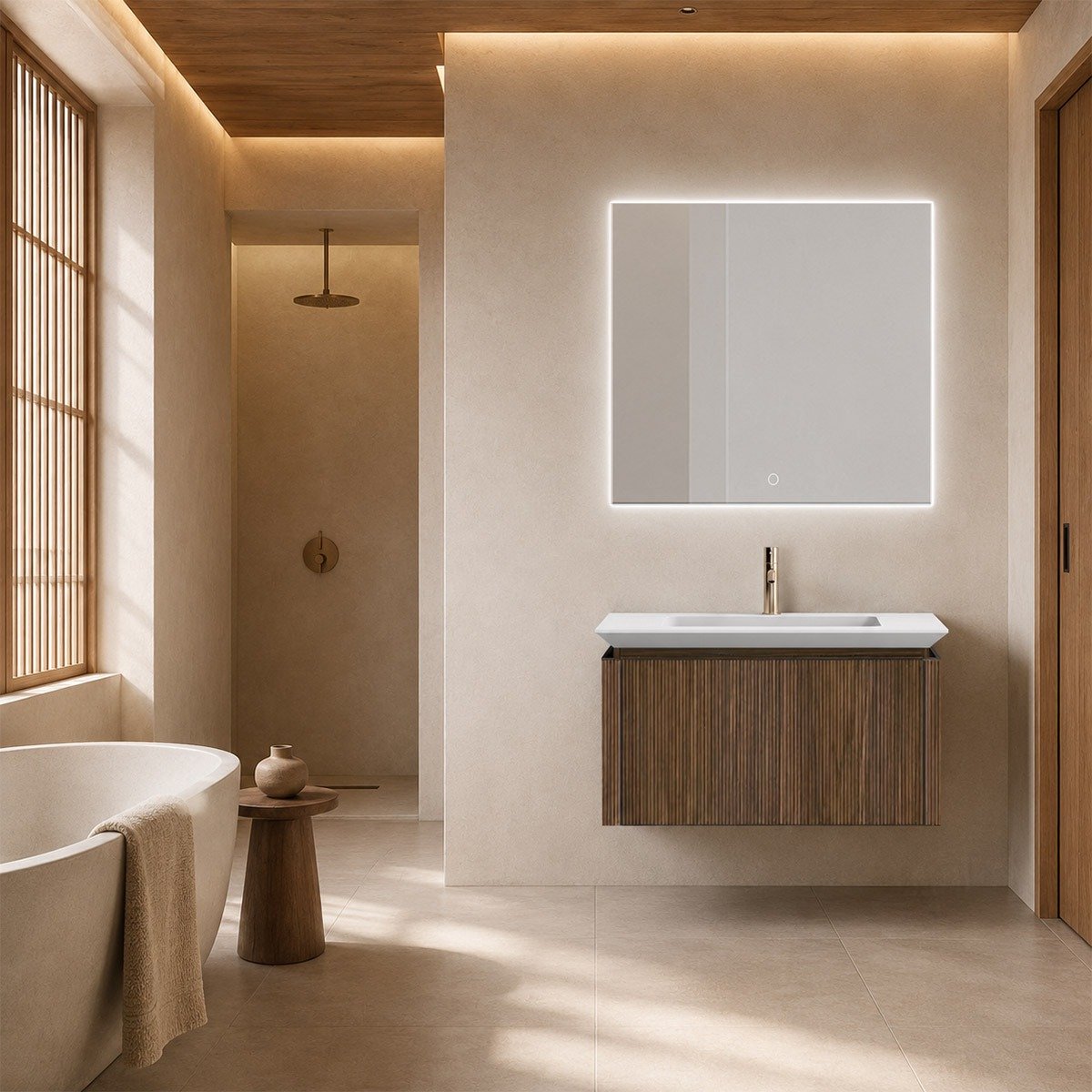 Aurelie badkamermeubelset 75 cm - wastafel solid surface - LED spiegel - walnoot