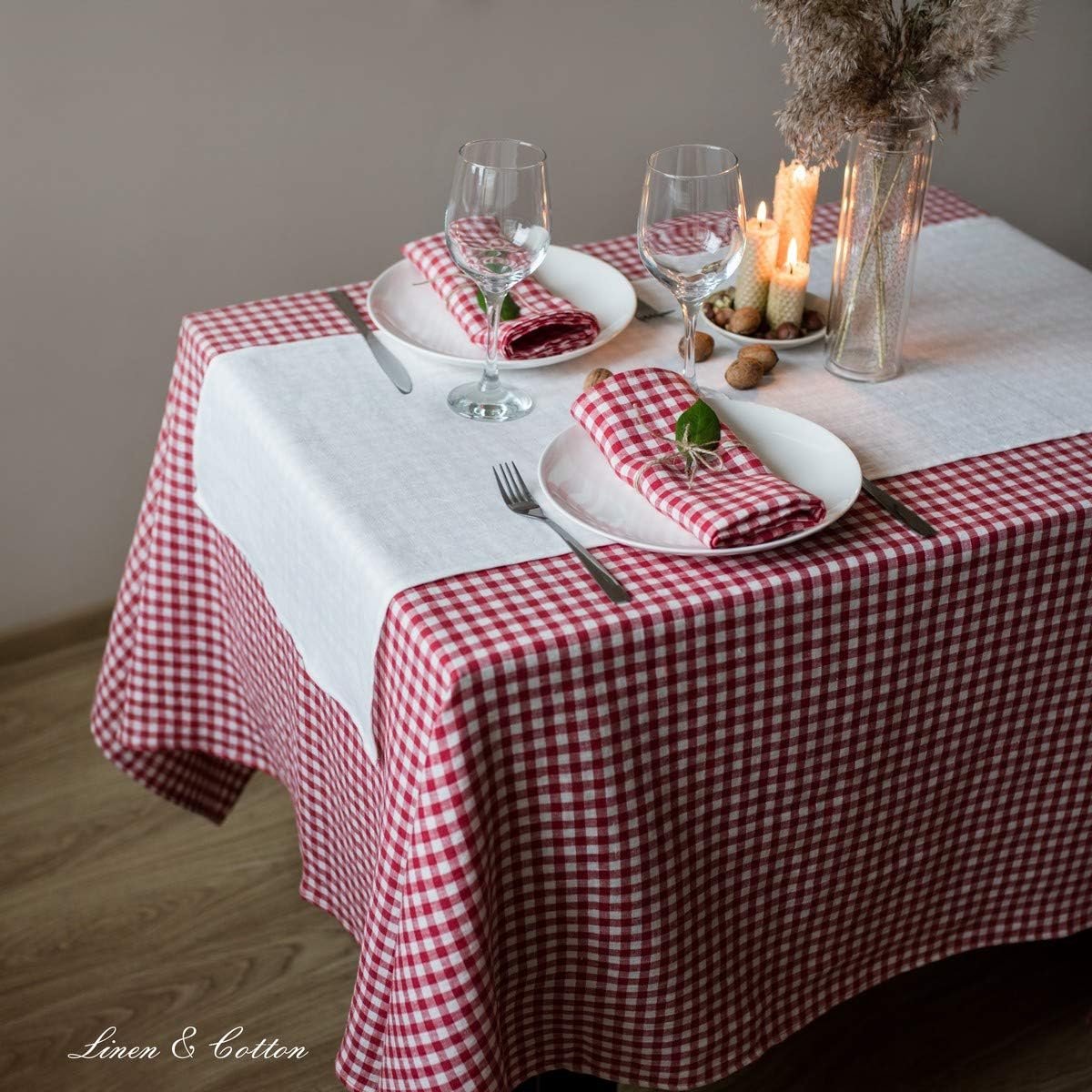 SnelShoppen - Luxe Tafelkleed 100% Linnen Ruitjes Wit Rood 140x220cm - Perfect voor Feesten, Keuken, Restaurant, Café, Hotel, Landelijke Stijl