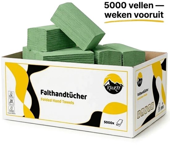 Een doos gevuld met groene papieren handdoekjes, met '5000 vellen - weken vooruit' tekst.