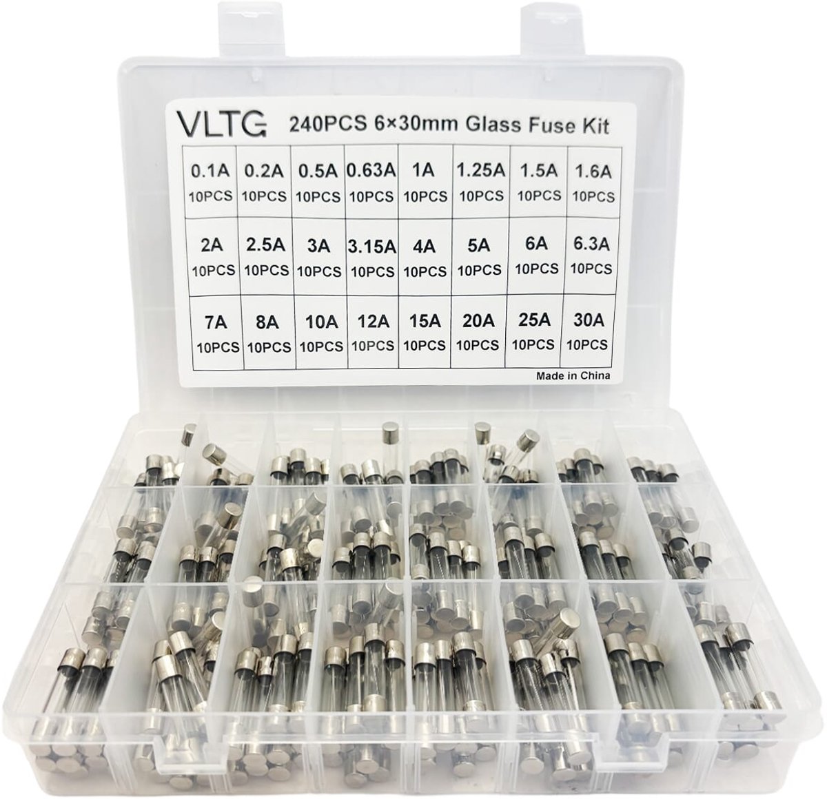 VLTG Glaszekering 6x30mm - Buiszekering - Snel (F) - 0.1A t/m 30A - Zekeringset 240 stuks