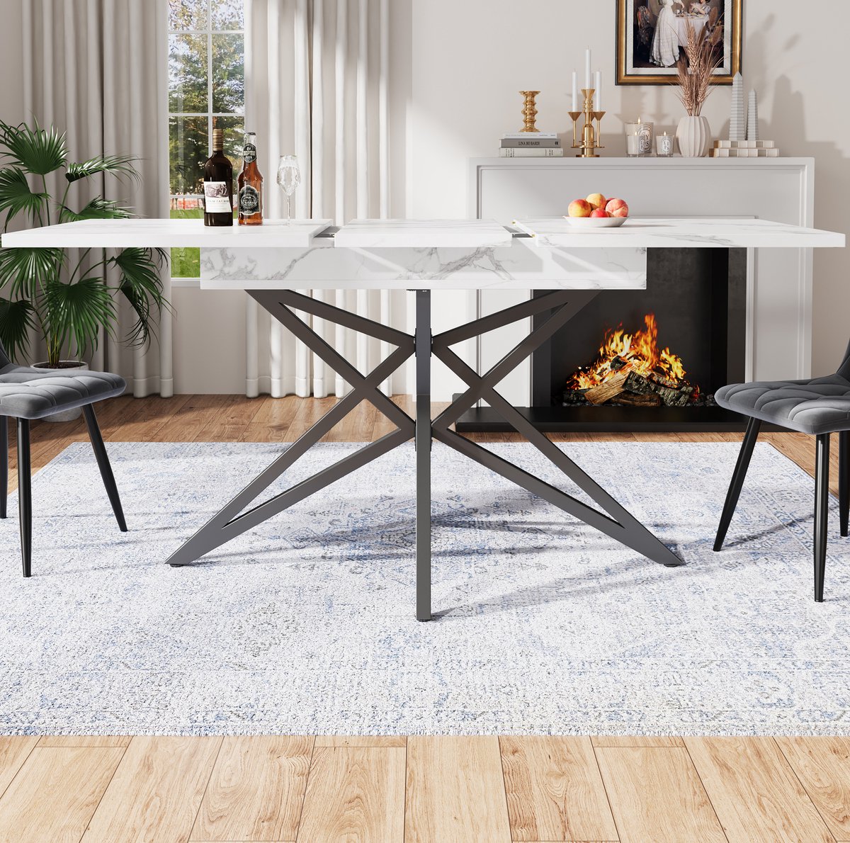 MEUNIQ uitschuifbare eettafel 120/160 x 80 cm met wit marmerlook tafelblad, zwarte metalen X-poten en moderne uitstraling voor eetkamer of woonkamer White