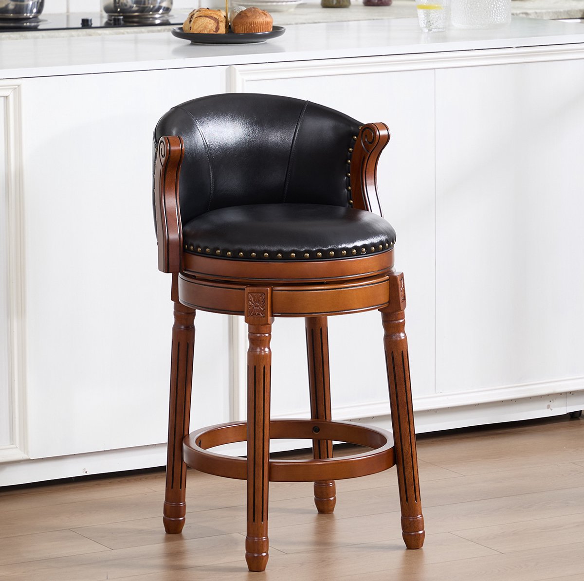 MEUNIQ barkruk met rugleuning en armleuningen, 360° draaibaar, leren zitting met houten frame, zithoogte 66 cm, voor keukenblad en bar, zwart Black