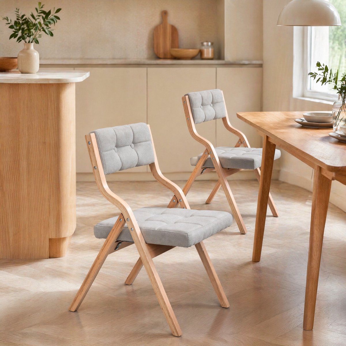 MEUNIQ Opvouwbare eetkamerstoel met armleuningen en gewatteerde zitting, houten frame, grijs, set van 2, voor eetkamer en keuken
