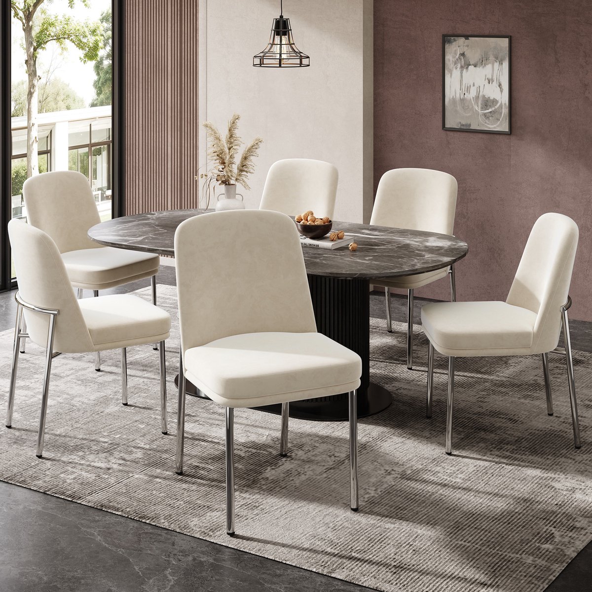 MEUNIQ eetkamerstoel set van 6, beige velvet, met zilverkleurig metalen onderstel, gewatteerde zitting, moderne eetkamerstoel voor de eetkamer