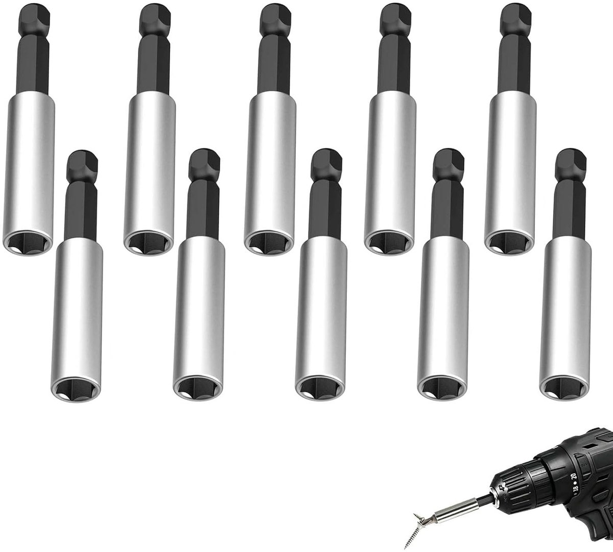 10 Magnetische Bithouders 60 mm voor Zeskantige Schachten - Krachtige Bitverlengingen voor Slagschroevendraaiers en Elektrisch Handgereedschap van Duurzaam Carbonstaal