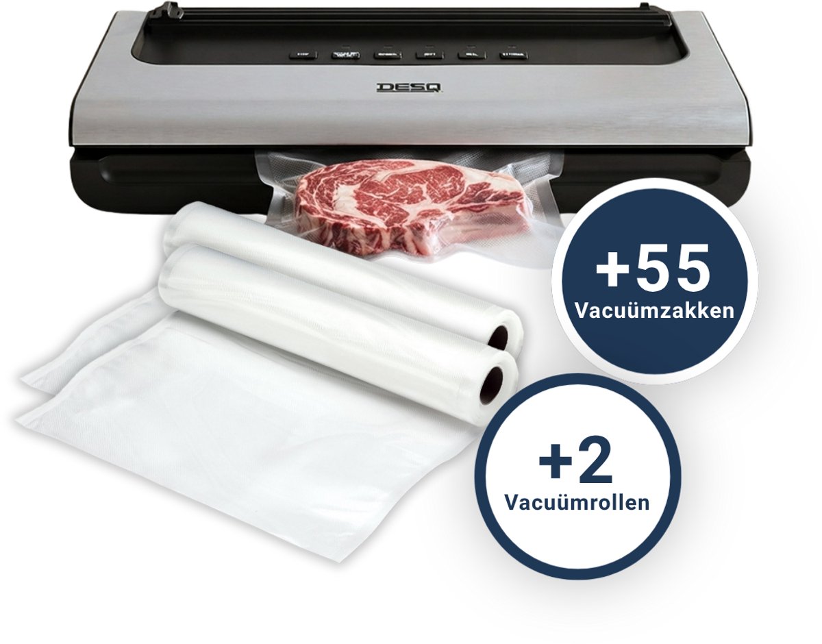 Bol.com DESQ® 7910 Automatische Vacumeermachine – Vacuüm Sealer – Inclusief 55 Vacuümzakken + 2 Vacuümrollen (28 × 600 cm) – 5 P... aanbieding