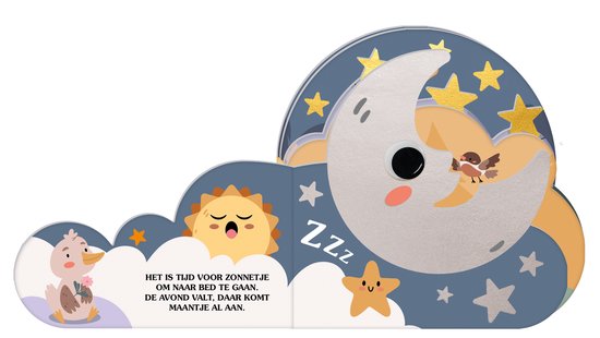Binnenkant van 'Goedenavond Maantje' kinderboek met zonnetje, eendje, sterren en tekst.