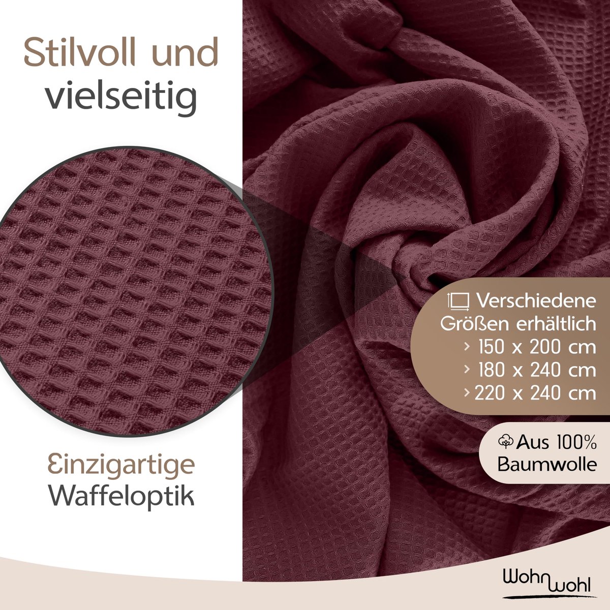 SnelShoppen - Wohnwohl Sprei van 100% Katoen, Lichte Zomerdeken Wafelpiqué, Multifunctionele Plaid 150 x 200 cm in Mahonie, Ideaal voor Feest, Tuin, C