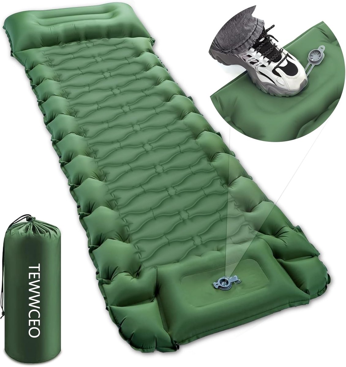 Self Inflating Camping Sleeping Mat - Ultralight Waterproof Air Mattress with Foot Pump and Cushion for Outdoor Green