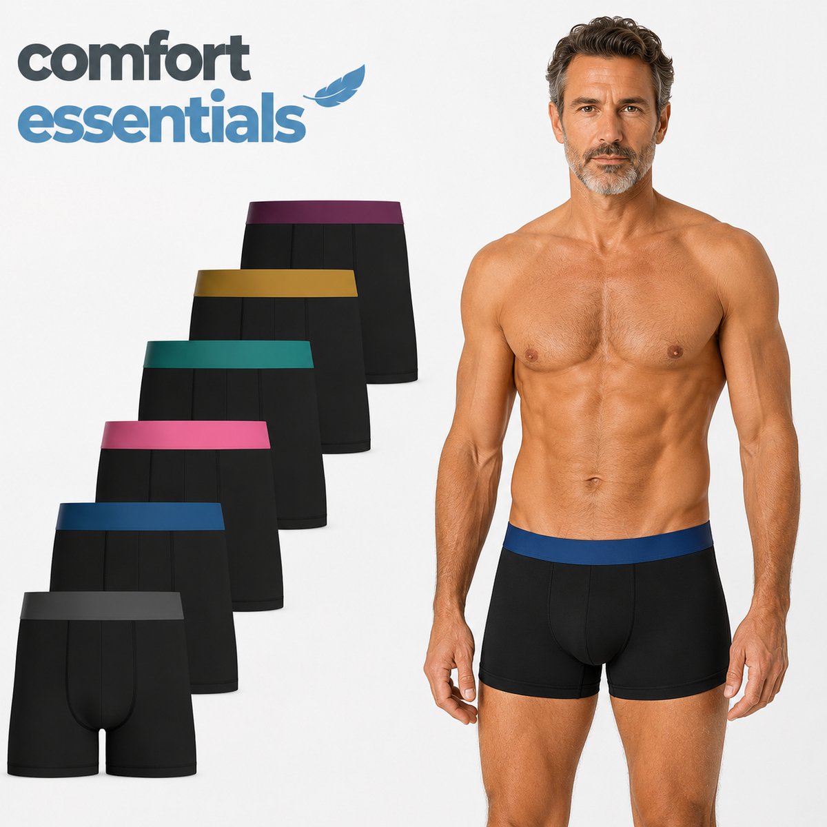 Comfort Essentials - Boxershort Heren - 6 Pack - Zwart Gekleurde Waistband - M - Onderbroeken Heren - Korte Pijp - Trunks - Hipster