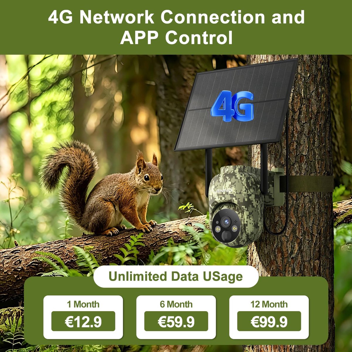 SnelShoppen - 4G Beveiligingscamera met SIM-kaart, 2K HD Wildcamera zonder WiFi voor Buiten, Kleur Nachtzicht, PIR Bewegingsdetectie, Weerbestendig (2
