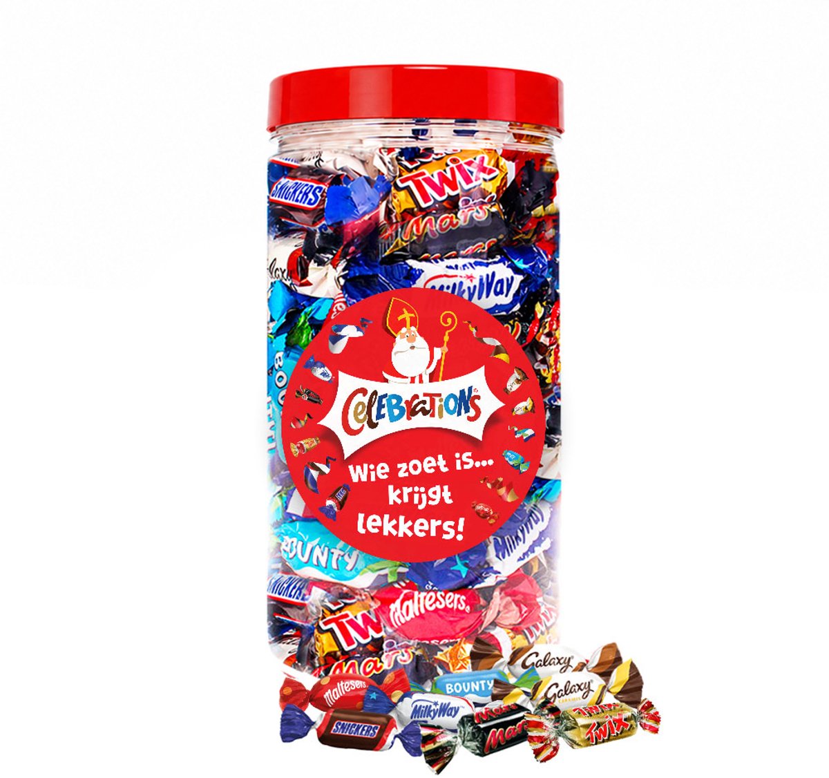 Mars Celebrations chocolade van Sinterklaas "Wie zoet is krijgt lekkers!" - Twix, Snickers, Mars, Bounty, MilkyWay, Galaxy & Maltesers - 580g