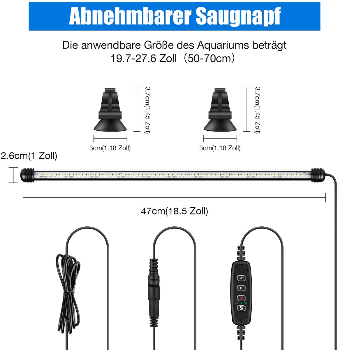 SnelShoppen - Aquariumlicht Dompelbaar met Auto Aan/Uit Timer, Blauw en Wit Veranderende LED Verlichting voor 50-70 cm Vistank