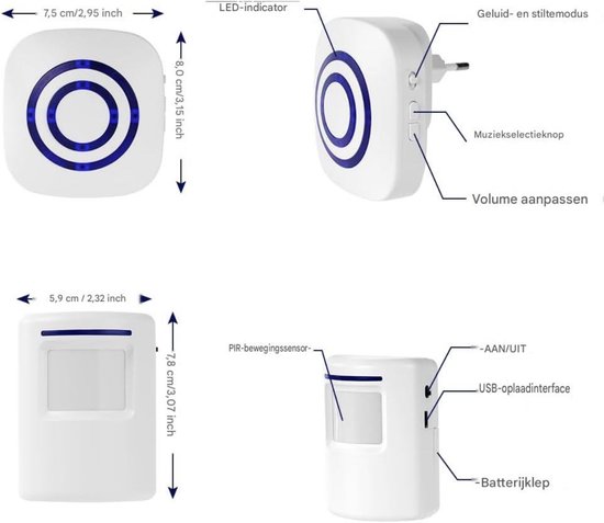 GELLDG 2 Stuks Bewegingsmelder - Draadloze Deurbel Set - 38 Melodieën 3 Volumes Blauwe LED - Geschikt voor Binnen Buiten Gebruik - ABS Materiaal - Ontvanger 75x80x33mm Zender 80x59x45mm - 50-100m Bereik USB Oplaadbaar — afbeelding 3