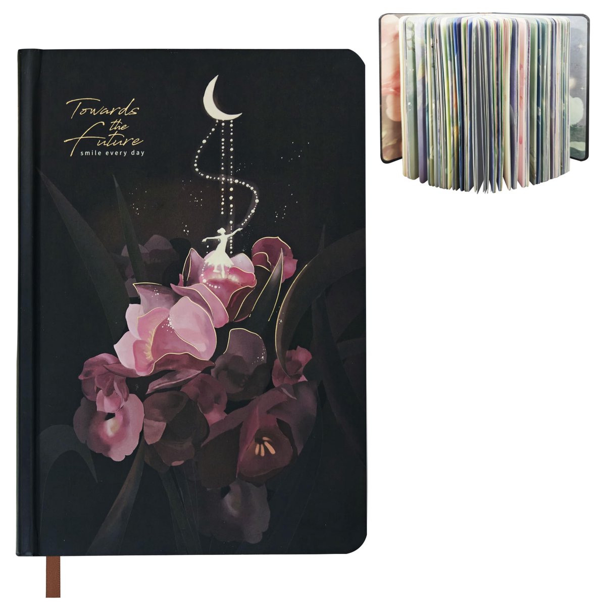 SnelShoppen - A5 Dagboek Glow in the Dark, 224 Pagina's met Bonte Bloemen, Goud Gestempelde Kaft met Maanlicht en Sterren, Perfect voor Journaling, Sc