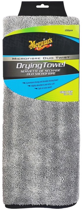 Serviette de séchage Duo Twist Microfibre Meguiar's, 1200gsm, grise avec bordure noire. Premium, solide, durable, très absorbante et douce.