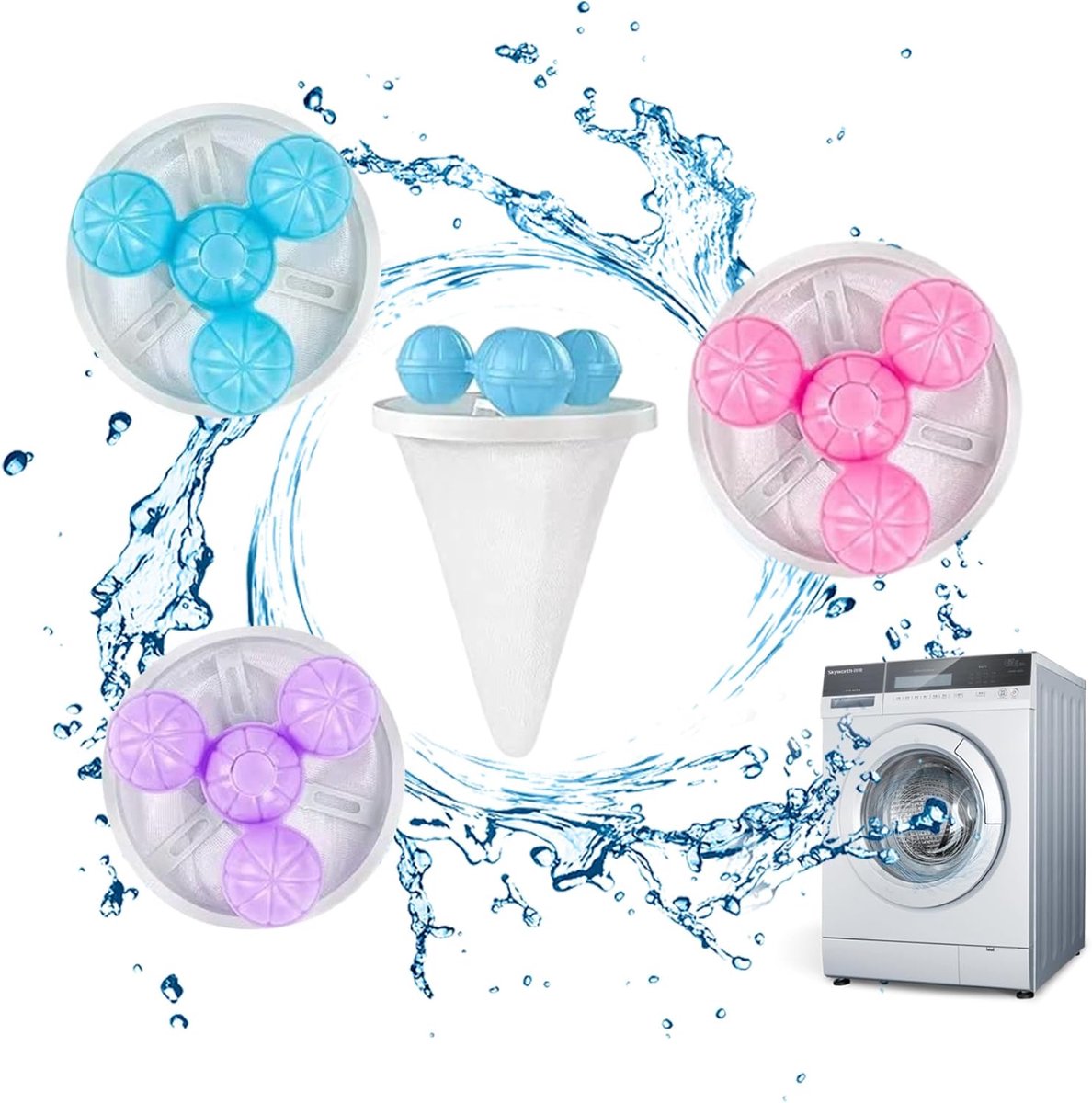 Wasmachinehaaropvangzakjes - 4 stuks - Wasmachinehaarfilter - Met 4 drijvende balletjes - Herbruikbaar - Verwijdert huisdierhaar uit wasgoed - 17 x 9,5 cm - Blauw, Roze, Paars