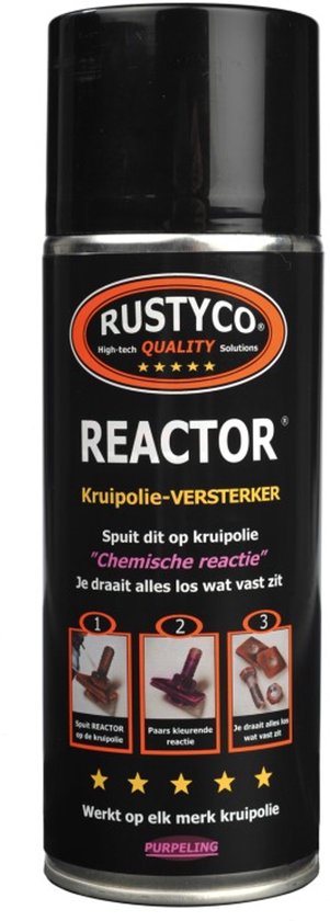 Zwarte spuitbus Rustyco REACTOR, kruipolie-versterker met driedelige instructies en gele sterren.
