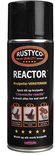Zwarte spuitbus Rustyco REACTOR, kruipolie-versterker met driedelige instructies en gele sterren.