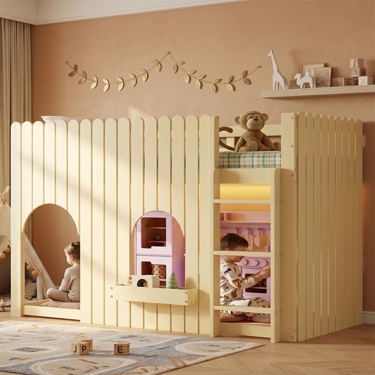 Hoogslaper 90x200 cm - Houten Kinderbed met LED Verlichting, Veiligheidsrek, Ladder en Opbergruimte - Naturel