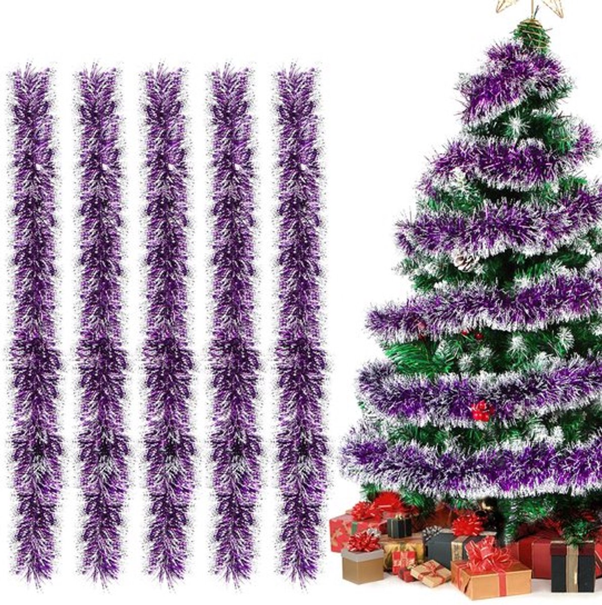 Lametta Slinger 12 meter - Glanzend Kunststof - 5 Stuks - Kerstversiering - Veiligheidswaarschuwing - Decoratie voor Kerstboom