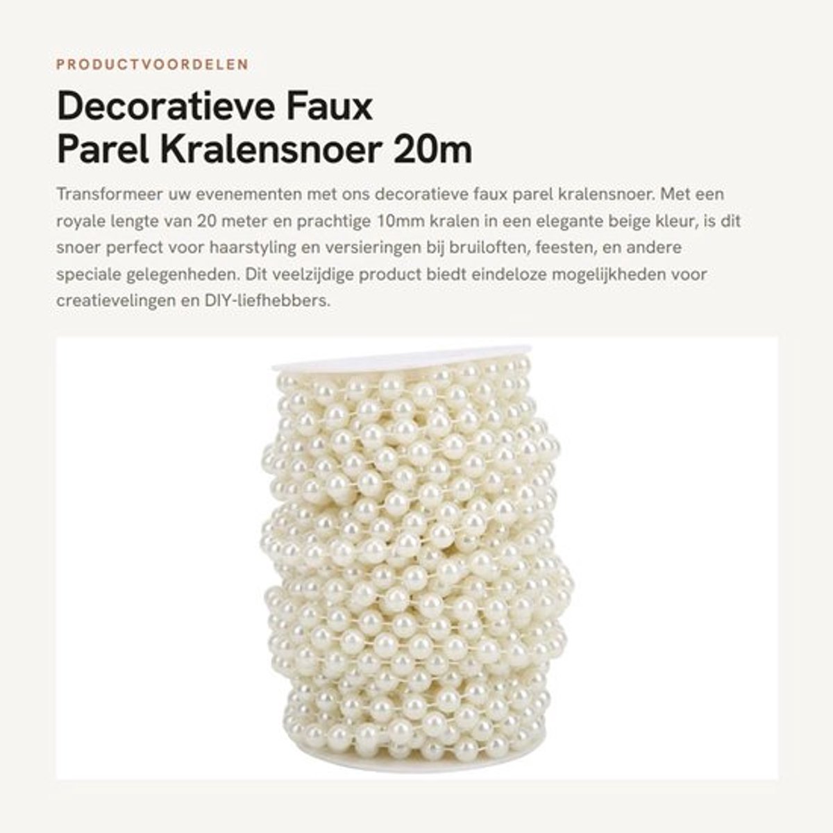 Kralensnoer 20m - ABS Faux Parel - 10mm Kralen - Decoratie voor Bruiloften - Haarstyling -