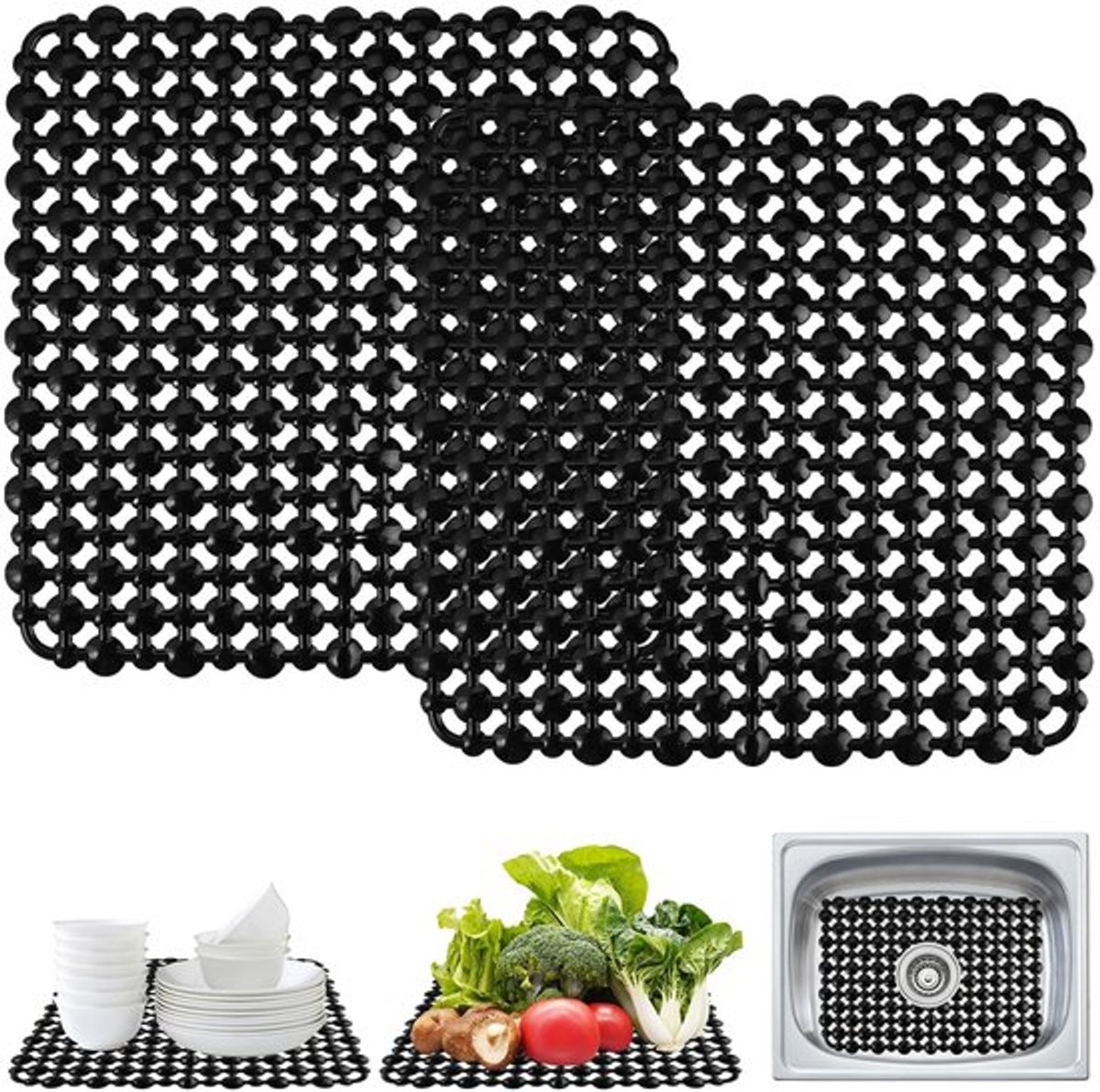 Spoelbakmat Antislip - Gootsteenmat - Afdruipmat - Bescherming Servies - Zwart - 28 x 28 cm, Aanpasbaar Formaat - Afwasmat