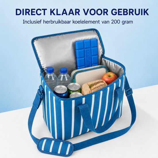 Benza – Compacte Koeltas 11 Liter met Koelelement 200 g – 30 × 15 × 25 cm – Met Handvatten en Schouderriem – Blauw & Wit van Benza — afbeelding 4