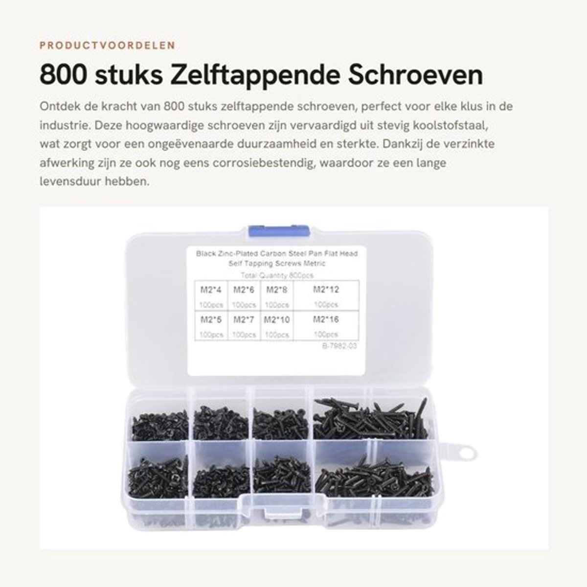 Zelftappende Schroeven 800 Stuks - Assortiment Kit - Hoogwaardig Koolstofstaal - Corrosiebestendig - Opbergdoos - 8 Lengtes