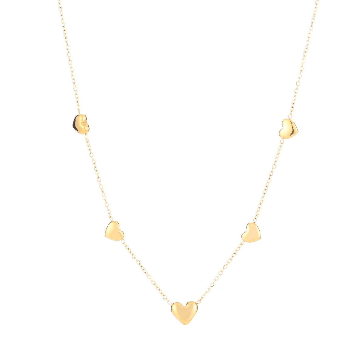 Luxe Schakelketting Stainless Steel - Elegante Ketting met Bolle Hartjes Bedels - Chique Dames Sieraad - Goud