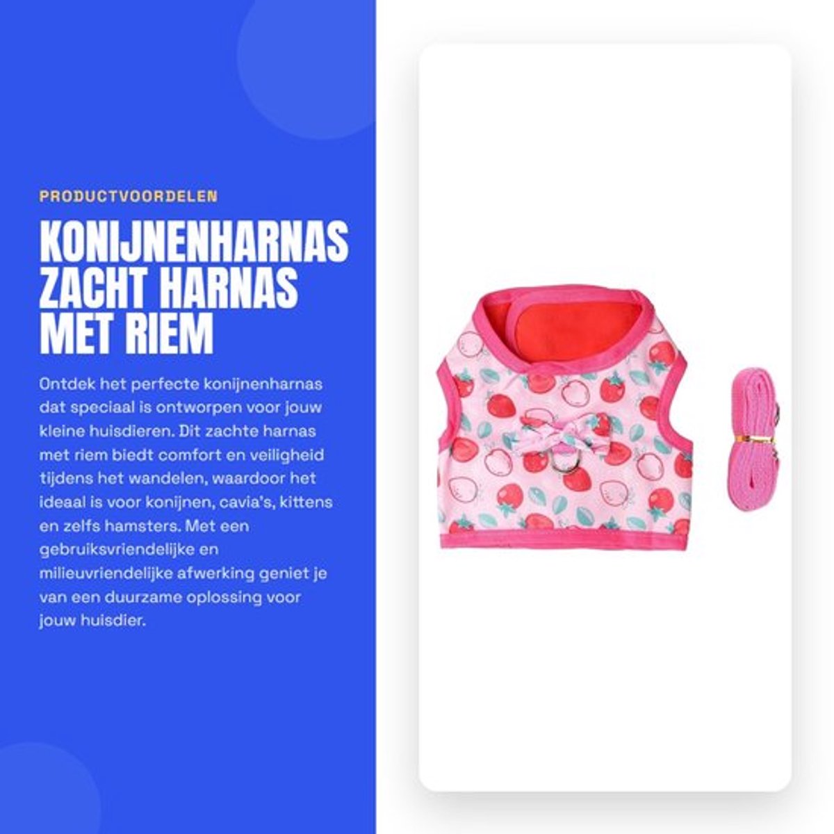 Konijnenharnas Zacht - Harnas voor Cavia's - Harnas met Riem - Duurzaam Polyester - Cartoon Aardbei Patroon - Geschikt voor Kleine Huisdieren - Huisdierharnas