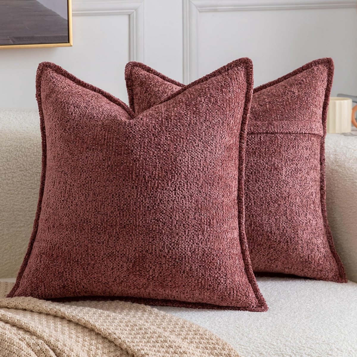 SnelShoppen - Set van 2 Boho decoratieve kussenhoezen 50 x 50 cm in bordeaux kleur, zachte getextureerde chenille sierkussenslopen voor bank en slaapk