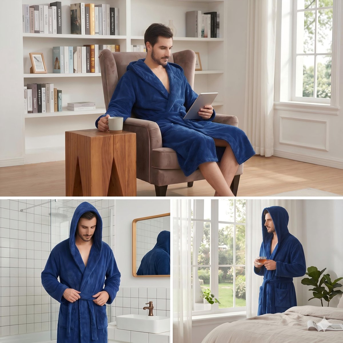 SnelShoppen - Heren Badjas met Capuchon Pluche Sjaalkraag Kimono Badjas Zacht Warm Flanel Fleece Spa Gewaad Huisjas Pyjamas Marineblauw 3XL-4XL