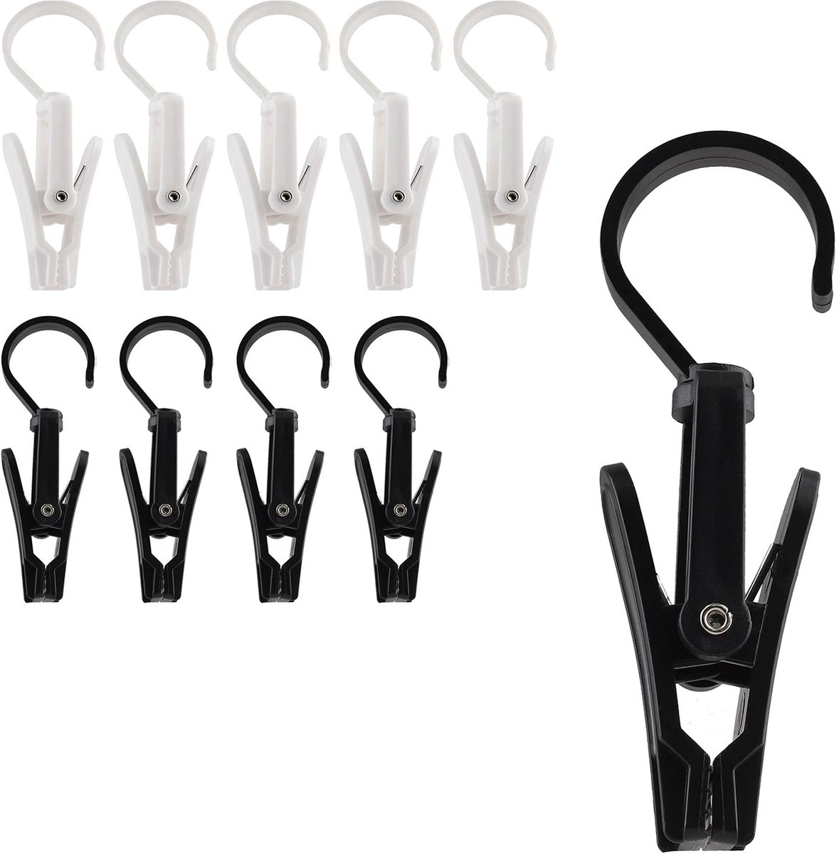 Wasknijpers - Washaken Clip - 10 stuks - met 360 graden draaibare haak - Zwart & Wit- Droogrek knijpers - Sterke plastic wasknijpers - draagbare - antislip - Wasrek knijpers