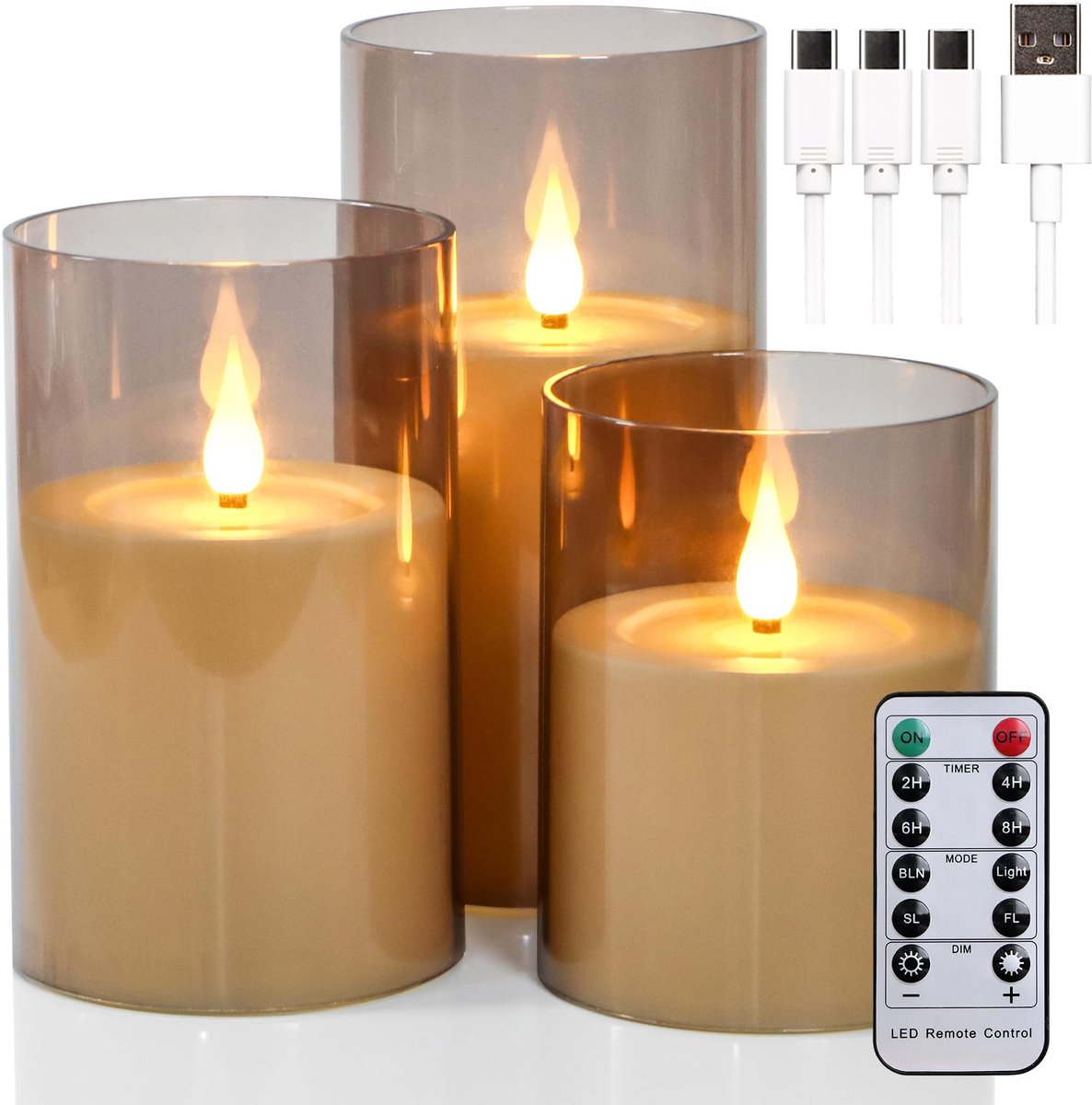 SnelShoppen - Oplaadbare LED Kaarsen Set van 3 met Afstandsbediening en Timer - Vlamloze Flikkerende Zuilkaarsen met Acryl Hoes - Type-C Oplaadkabel -