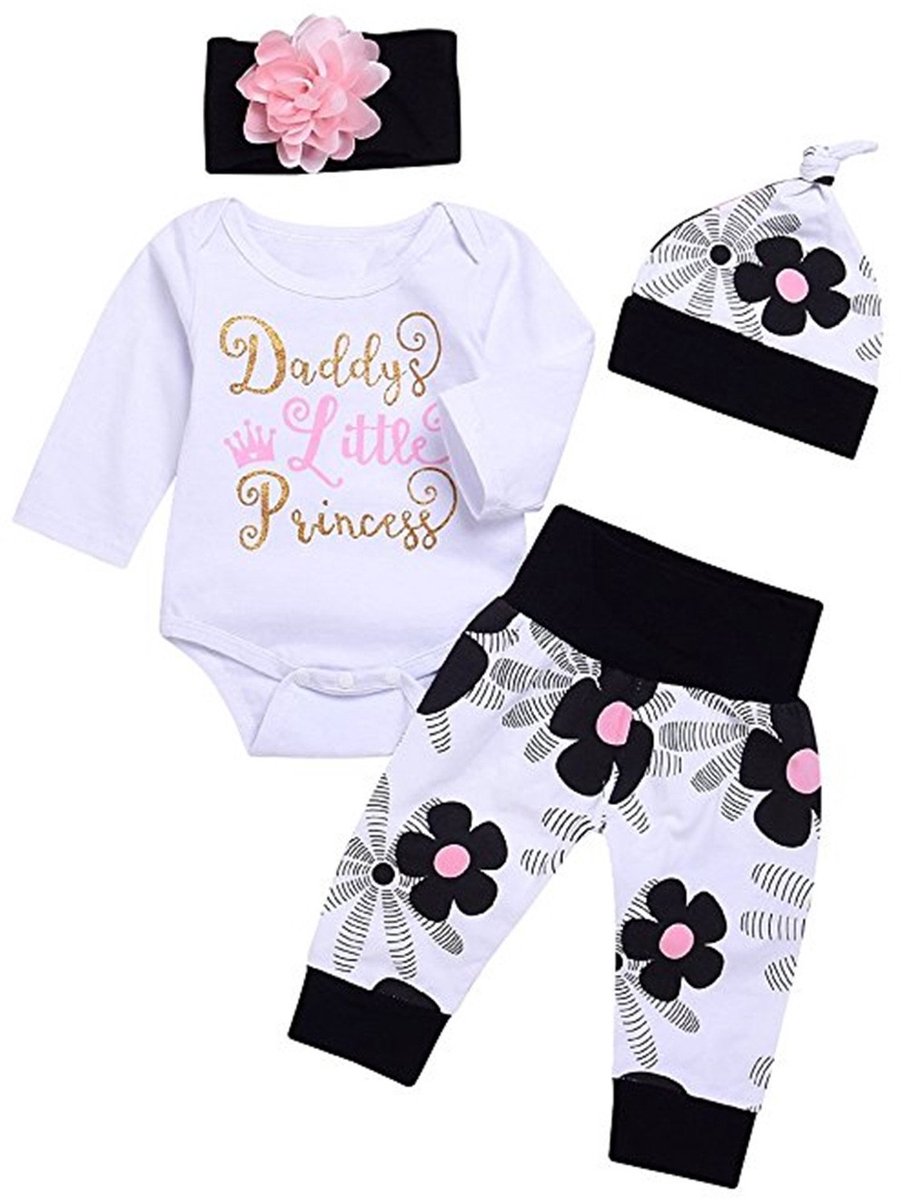 SnelShoppen - Pasgeboren Babymeisje Outfit Rompertje + Bloemenbroek + Hoed + Bloem Hoofdband Set - XL - Multi - Perfect voor Feestjes en Dagelijks Geb
