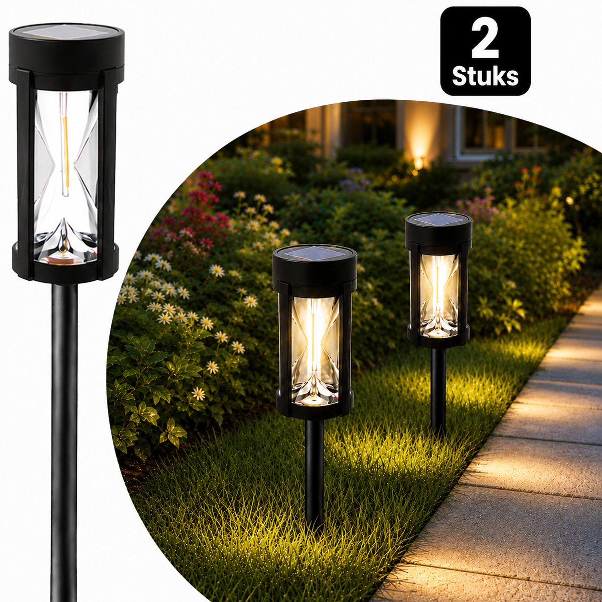Webzon – Solar Tuinlampen 2 Stuks – Warm Wit LED – Zandlopervorm – IP44 Waterdicht – Automatisch Aan/Uit – Solar Buitenverlichting voor Tuinpad, Oprit, Terras en Tuin – Zwart