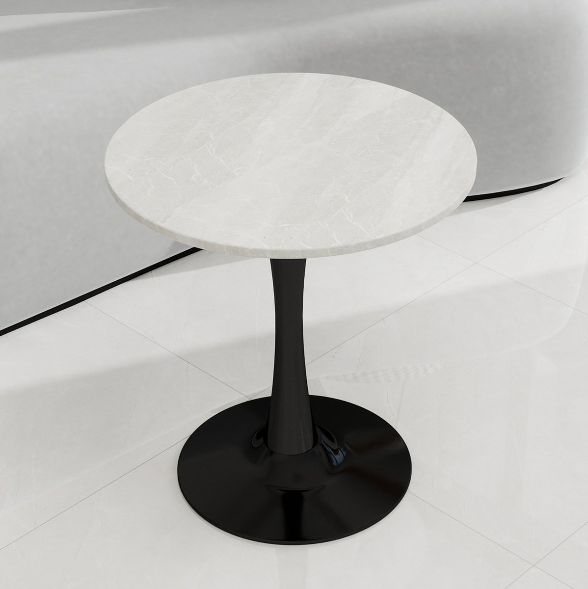 MEUNIQ Ronde eettafel 70 cm voor 2 personen met wit marmerlook blad en zwart 1-zuil onderstel - 72 cm hoog voor eetkamer en woonkamer