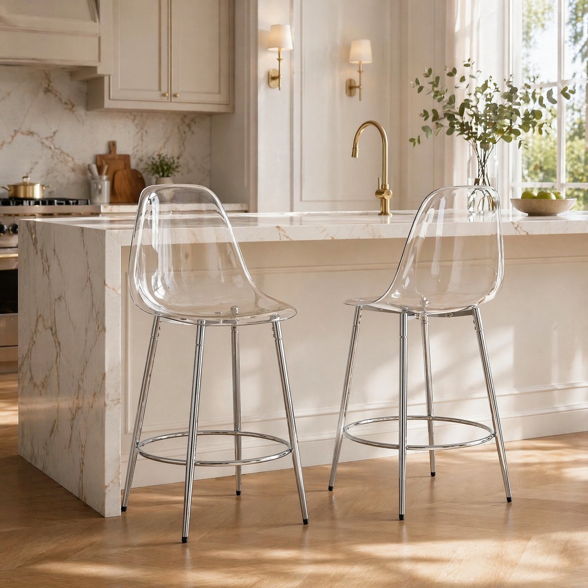 MEUNIQ Transparante barkruk set van 2, 102 cm hoog, met rugleuning, zithoogte 66 cm, metalen onderstel en voetensteun voor keukenbar en open keuken