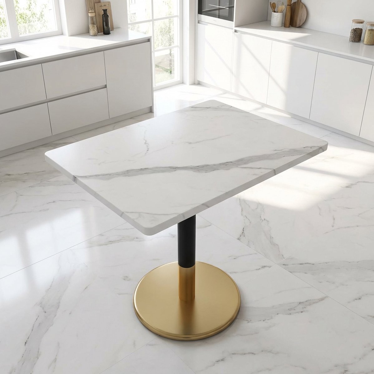 MEUNIQ rechthoekige eettafel 80 x 60 x 75 cm voor 2 personen, wit marmerlook tafelblad, zw