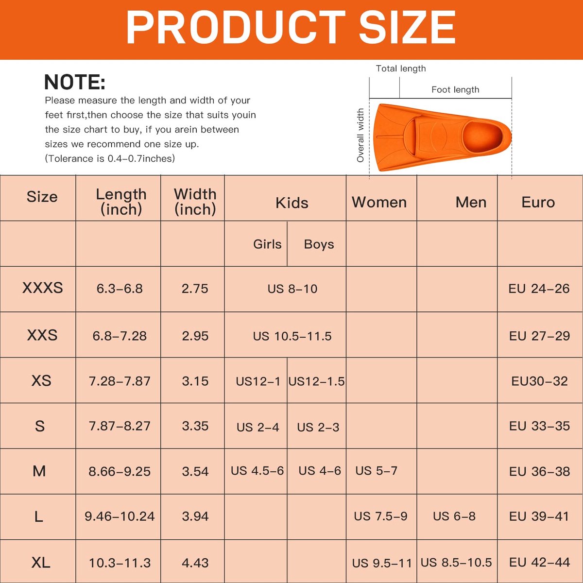 SnelShoppen - Korte zwemvinnen, silicone snorkelvinnen uniseks voor volwassenen en kinderen, trainingsvinnen open water en snorkelen, oranje XL (42-44
